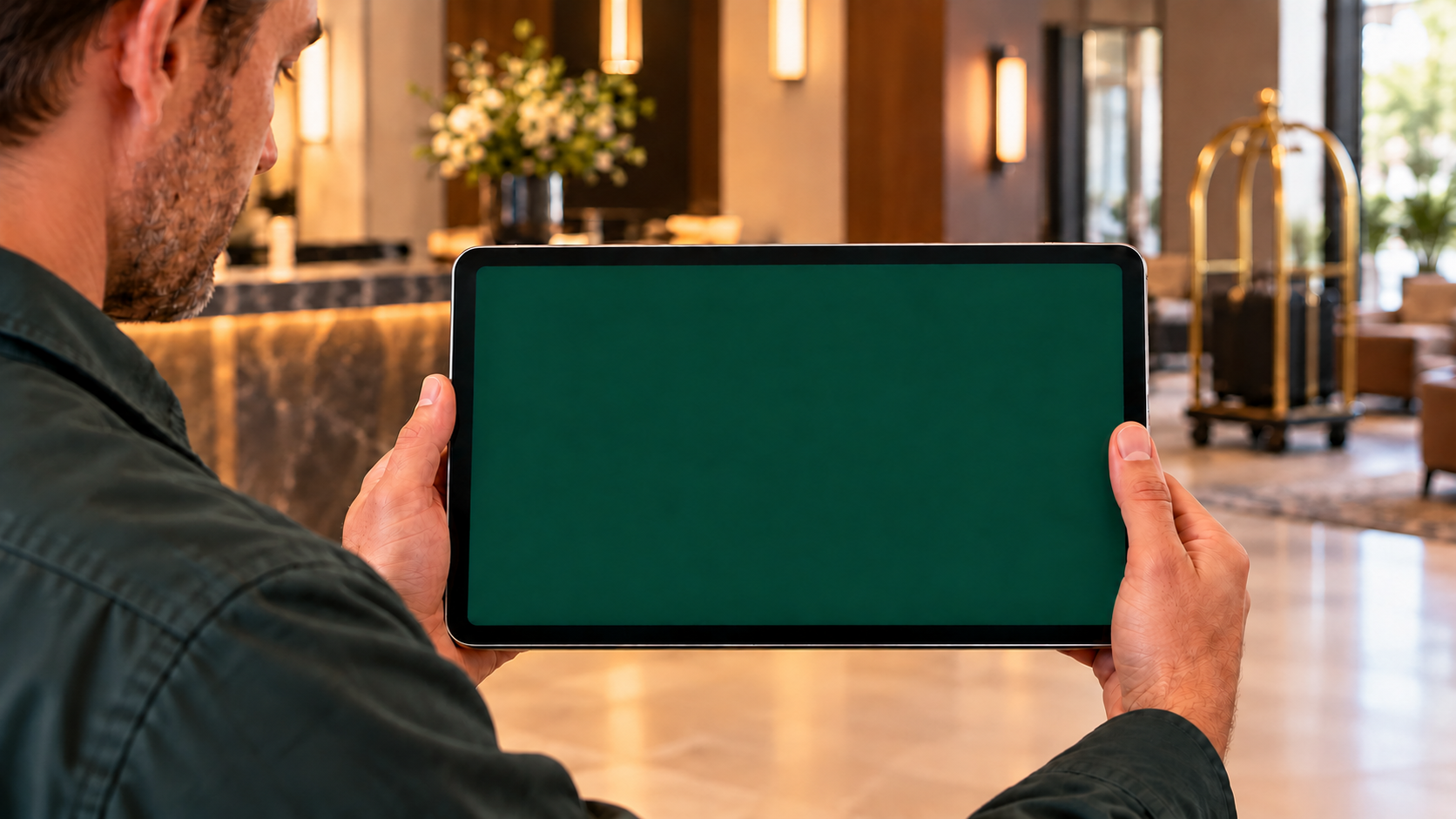 Hotelmedewerker gebruikt de Aurora Hotel-demo op een tablet aan de receptie