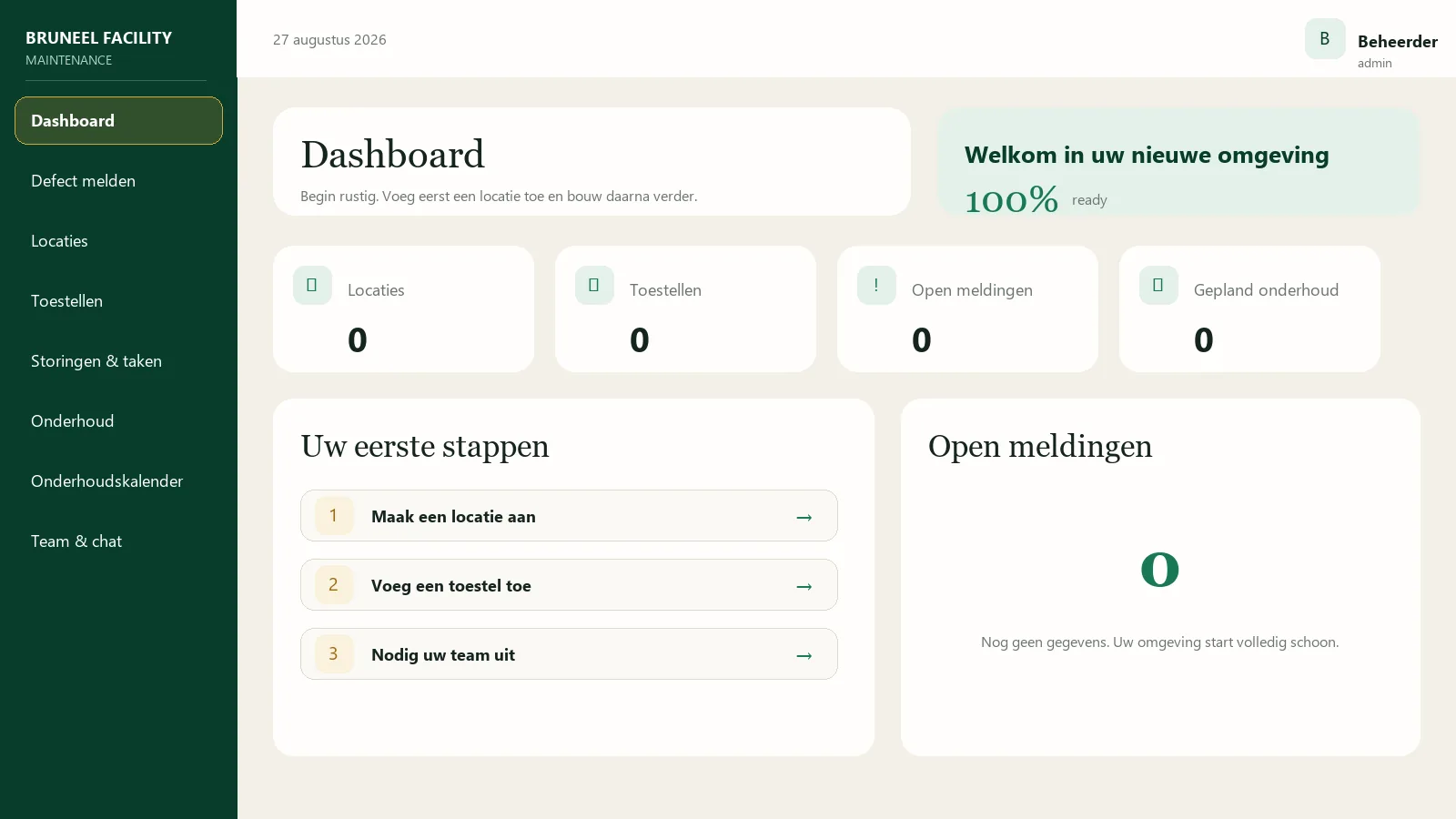 Aurora-dashboard uit een lege demo-omgeving zonder klantgegevens