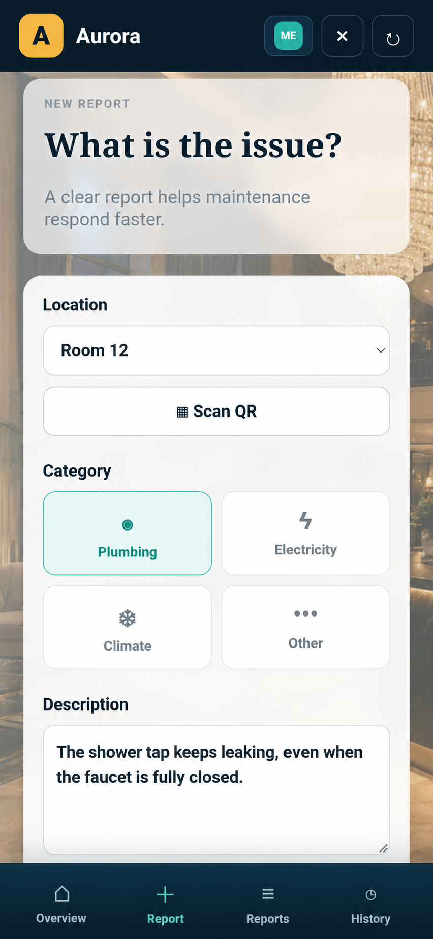 Real Aurora Hotel demo on a smartphone: creating a report for room 12